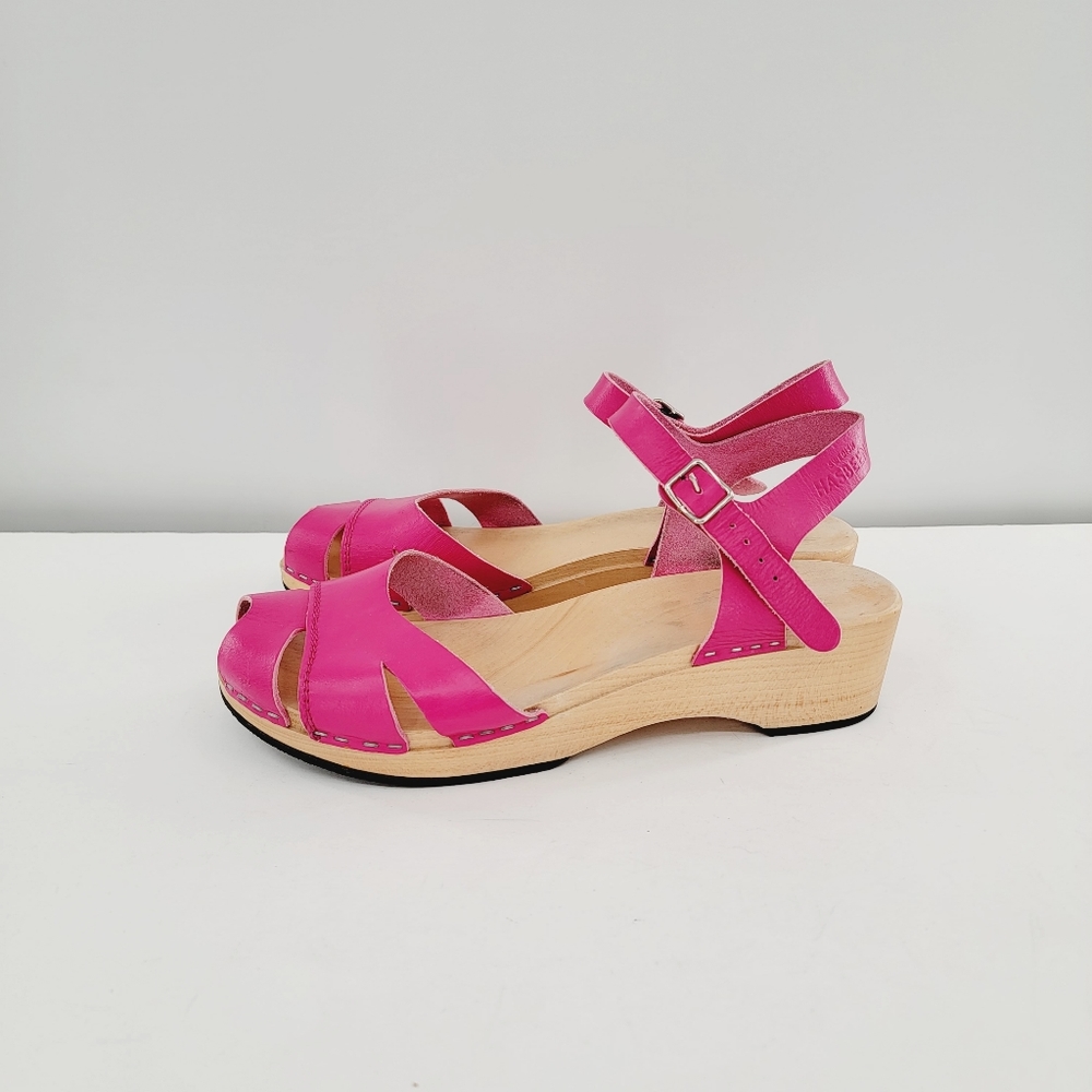 Swedish Hasbeens Suzanne Hot Pink Peep Toe Sandal Clogs - Picture 2 of 16